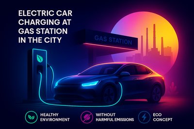 Electric Car Charging at a Gas Station in a Modern City