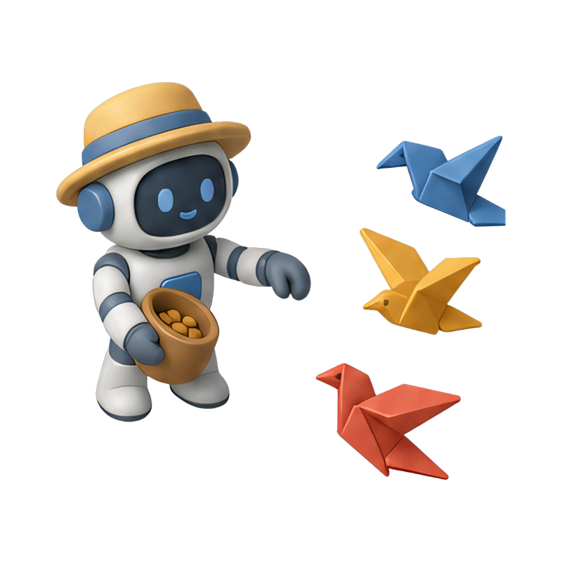 whimsical robot feeding paper birds