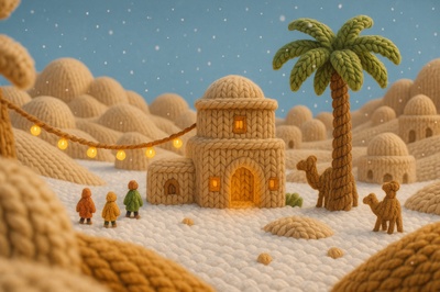 Festive Knitted Sahara Scene with Characters