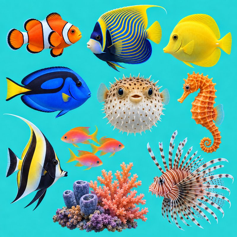 Colorful coral reef fish elements