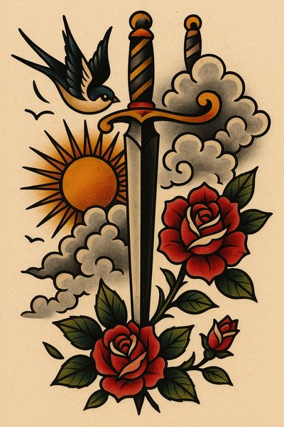 Vintage-inspired tattoo design featuring a sword and roses