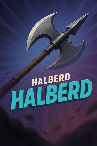 Dynamic Halberd Illustration with Bold Typography