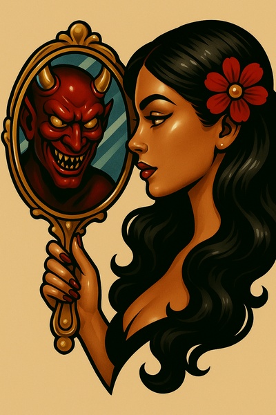 Stylized Tattoo Art of Girl and Demon Reflection