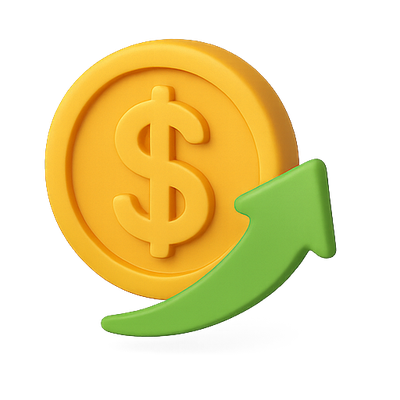 3D Render of Dollar Coin with Upward Arrow Symbolizing Growth