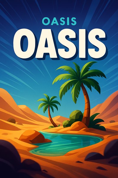 Dynamic Oasis Illustration with Bold Typography