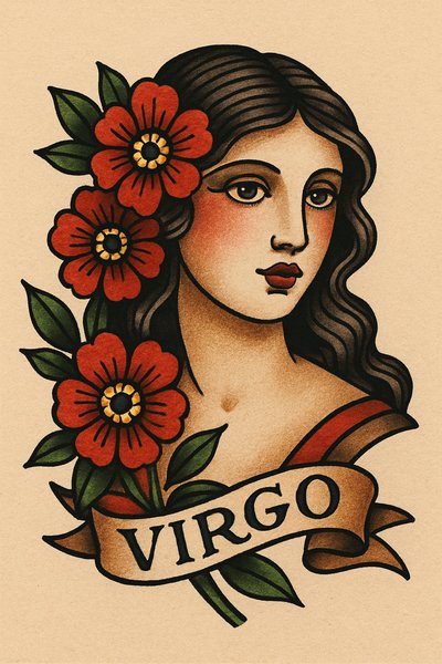 Vintage Virgo Tattoo Art Featuring Floral Design