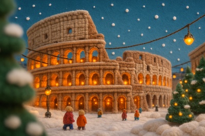 New Year’s Coliseum Crafted from Yarn in a Whimsical 3D Scene