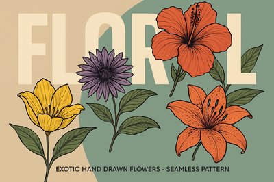 Bold Floral Illustration with Seamless Patterns for Design Projects