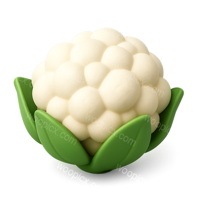 3D Cauliflower Icon with Green Leaves in Isometric View
