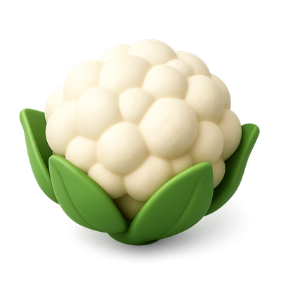 3D Cauliflower Icon with Green Leaves in Isometric View