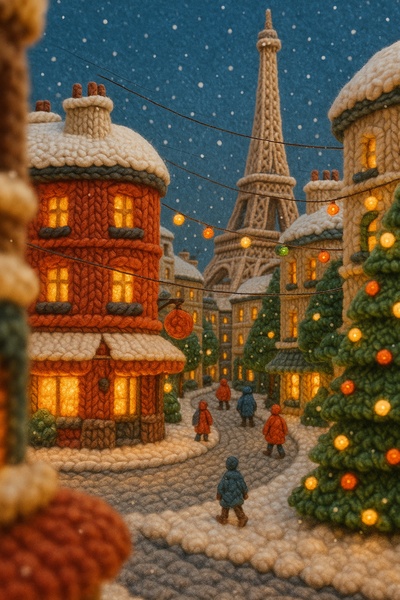 Charming Winter Scene in Paris with Yarn-Like Textures