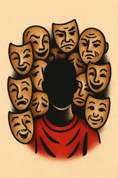 Silhouette in a Crowd of Masks with Tattoo Elements