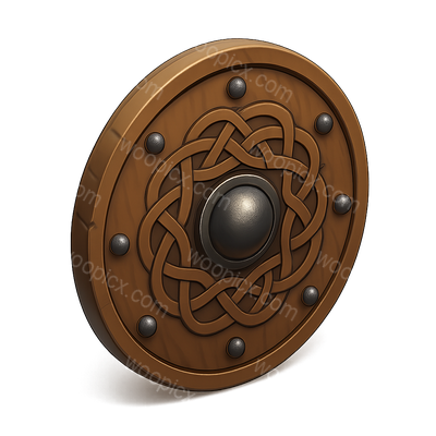 Stylized 3D Wooden Shield Icon with Intricate Design