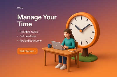 3D Scene of a Girl Managing Time with Clock and Text Elements
