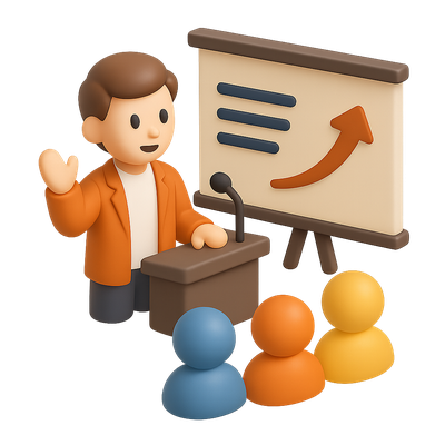 3D Founder Icon with Presentation and Audience