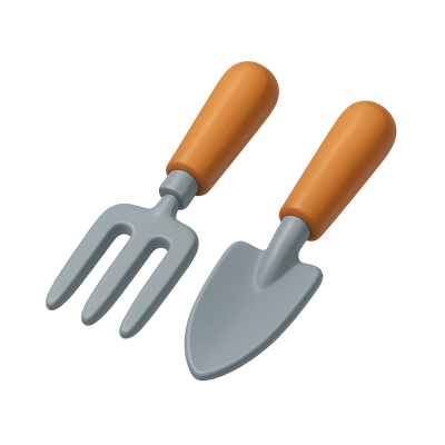 Stylish 3D Garden Tools Fork and Trowel Icon