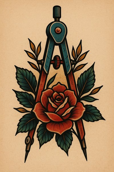 Vintage Tattoo Style Rose with Compass Illustration