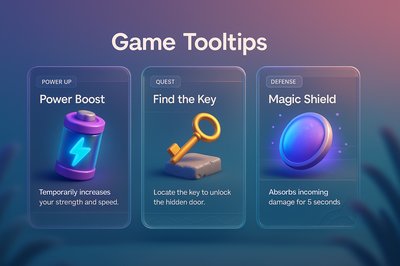 3D Illustration of Game Tooltips with Modern UI Elements