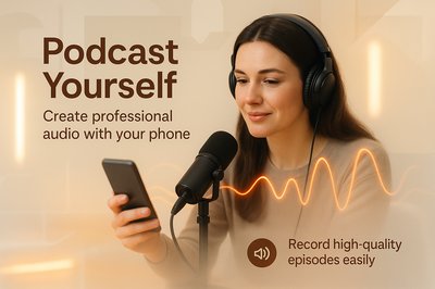 Promotional Graphic for Podcasting with Phone
