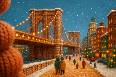 Whimsical Knit Brooklyn Bridge Scene with Holiday Cheer