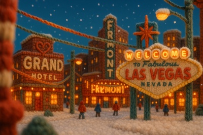 Whimsical Yarn Scene of Downtown Las Vegas in Winter