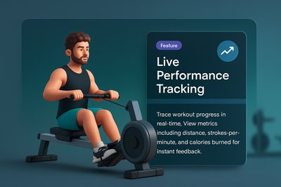 Gym Member Engaged in Rowing Machine Workout with Feature Overlay