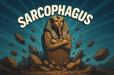 Dynamic Sarcophagus Illustration with Bold Typography