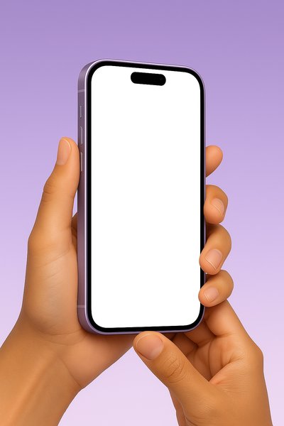 Purple Phone Held in Hands Against Gradient Background