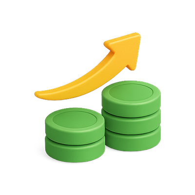 3D Icon of Coins with Upward Arrow Representing Financial Growth
