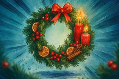 Vibrant Retro Christmas Wreath Watercolor Design