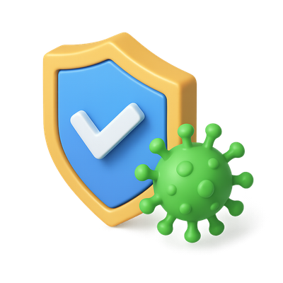 Stylized 3D Anti-Virus Shield Icon with Virus Element