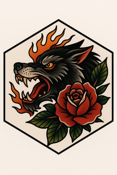 Vibrant Tattoo Design Featuring a Wolf and Rose
