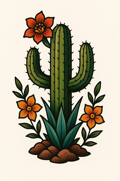 Stylized Cactus Illustration with Floral Elements