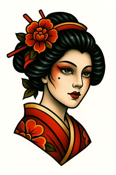 Stylized Portrait of a Geisha with Floral Accents