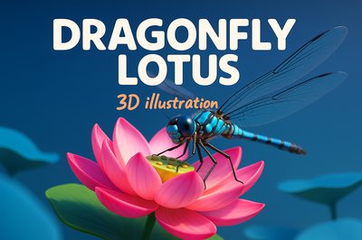 Dynamic 3D Illustration of Dragonfly and Lotus