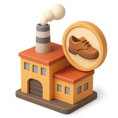 Stylized 3D Factory Icon with Shoe Emblem