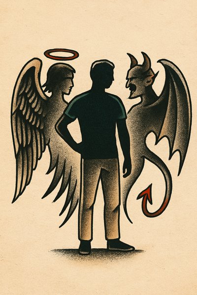 Silhouette with Dual Shadows of Angel and Demon