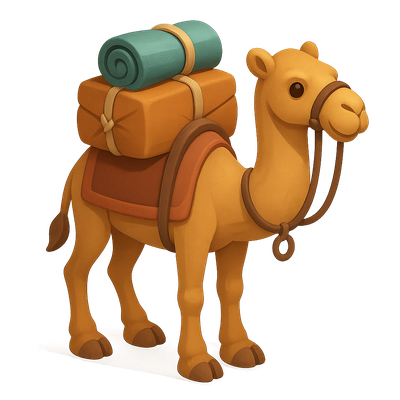 Cartoon Camel with Luggage in a Desert Setting