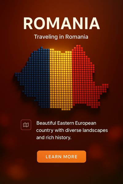 Promotional Graphic for Traveling in Romania with Map Design