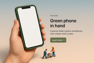 Green Phone in Hand with Miniature Workers