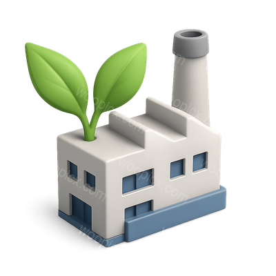 Stylized Eco-Friendly Factory Icon with Green Leaves
