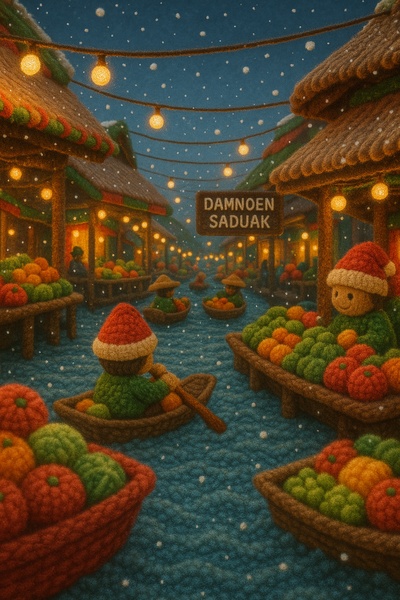 Colorful Wool Market Scene in Damnoen Saduak, Thailand