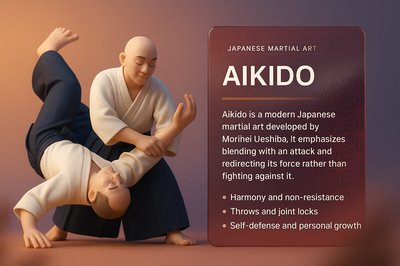 3D Illustration of Aikido Martial Art with Informative Overlay