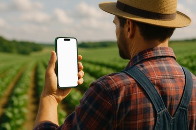 Farmer Holding Green Phone in Field
