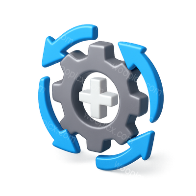 3D Gear Icon with Circular Arrows in Isometric View