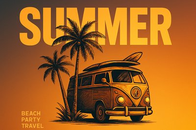 Bold Tropical Summer Design with Surf Van and Palms