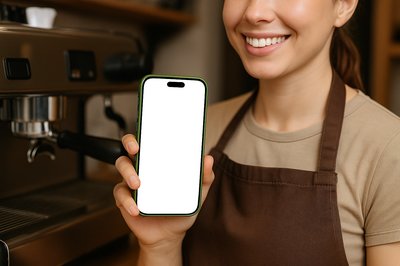 Barista Smiling with Green Phone at Coffee Machine