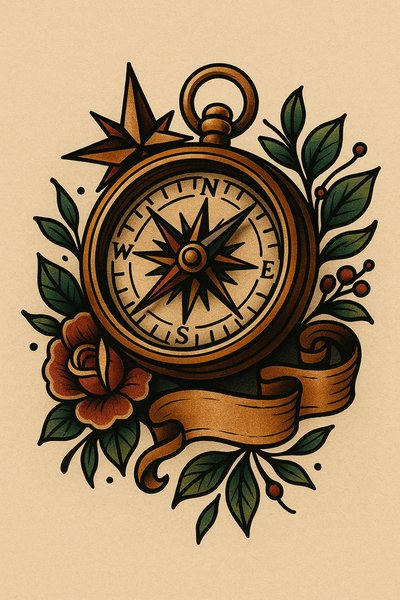 Vintage Compass Illustration with Floral Elements