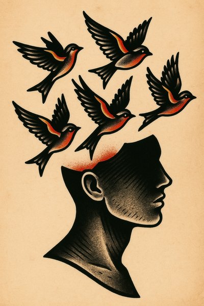 Silhouette with Birds Emanating from Head - Tattoo Sketch