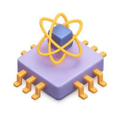 Stylized 3D Quantum Chip with Atom Icon